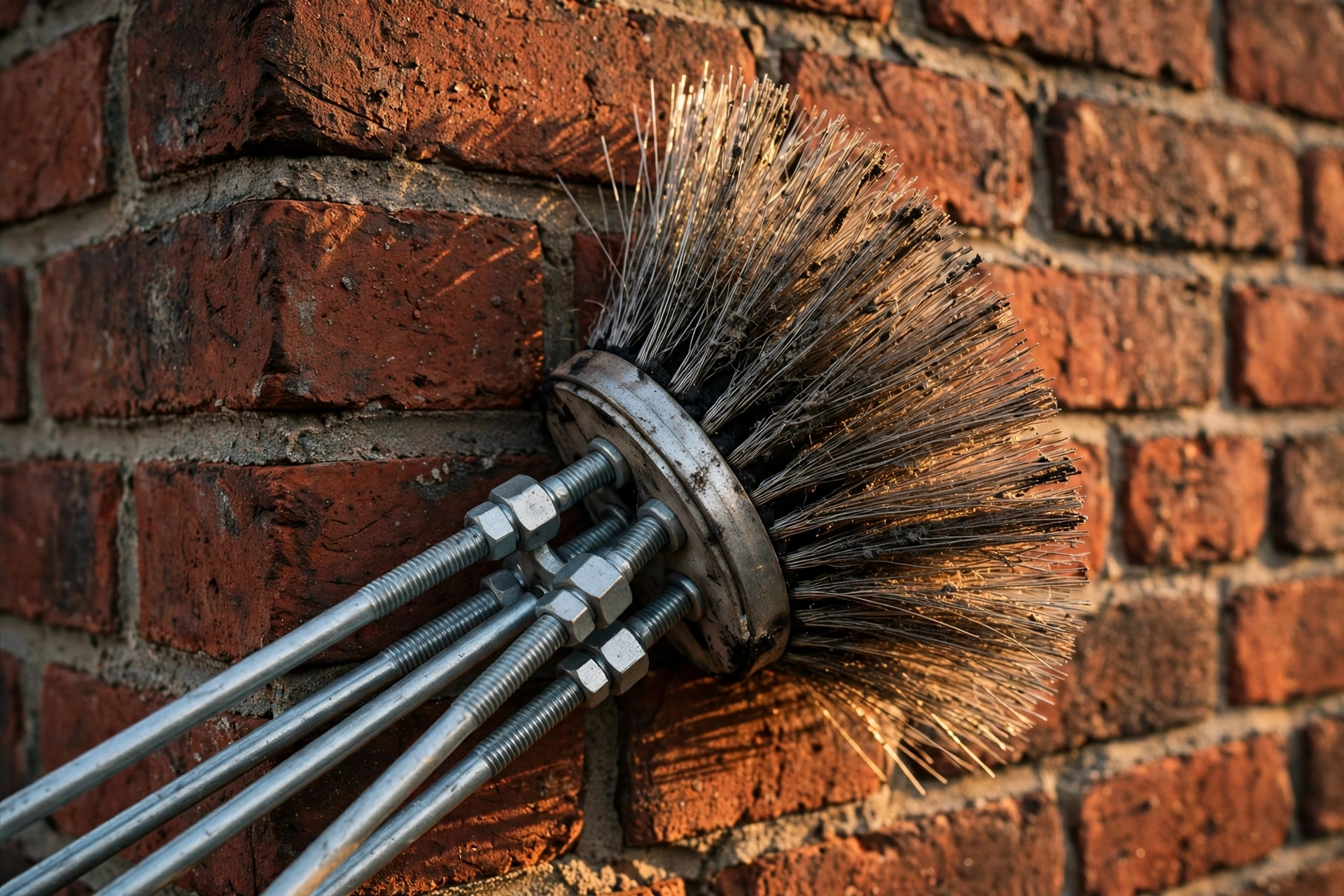 A chimney sweep's wire brush with connecting rods leaning against a brick chimney