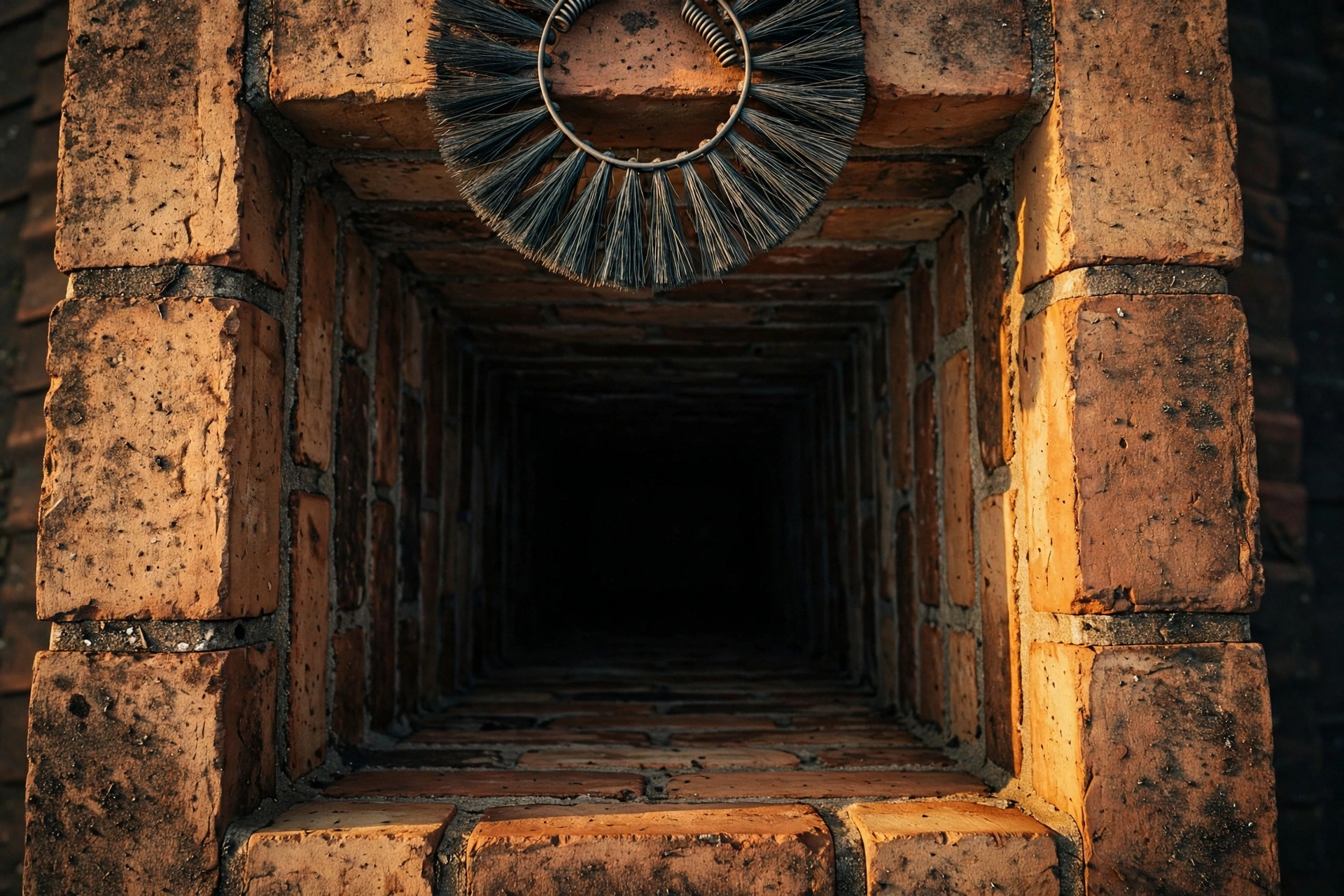 Looking down into a brick chimney flue with a sweep's brush at the opening