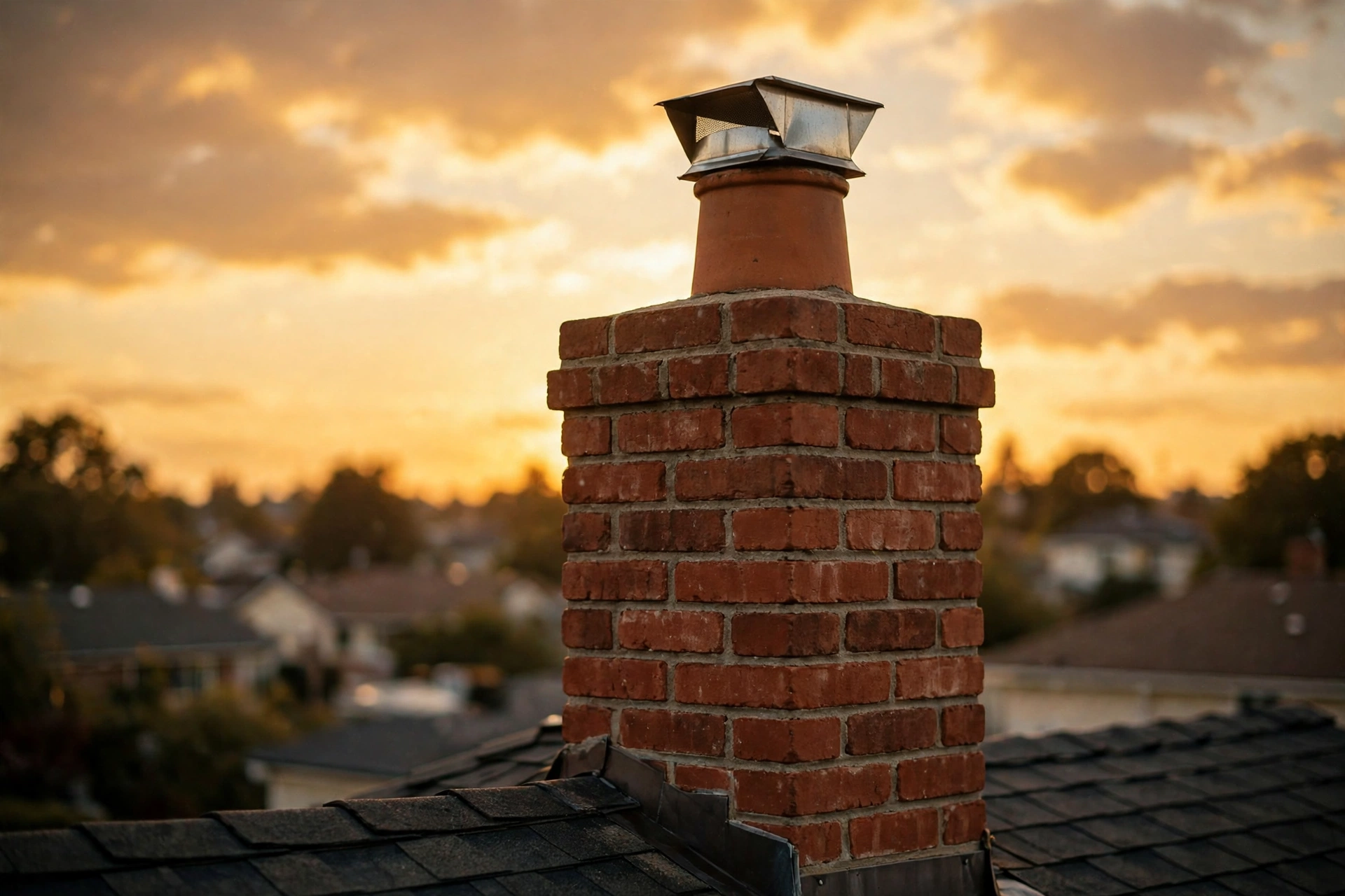 Brick chimney stack with a terracotta pot and metal cap against a golden evening sky